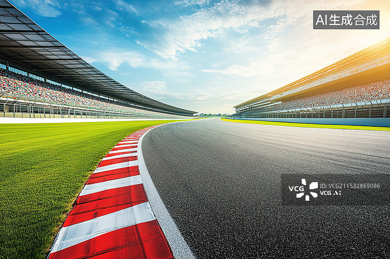 【AI数字艺术】阳光下的F1方程式赛车赛道低角度风景图片素材