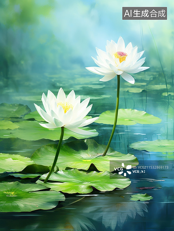 【AI数字艺术】清澈水面上宁静祥和的睡莲图片素材