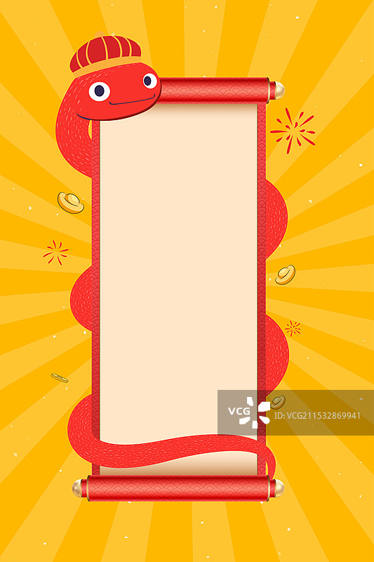 新年卡通可爱蛇盘绕着画轴图片素材