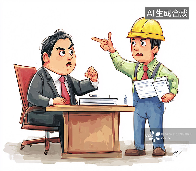 【AI数字艺术】劳务纠纷，两人坐在桌旁对话，戴安全帽的工人与甲方人员争吵，工作场景中的沟通与理解问题图片素材