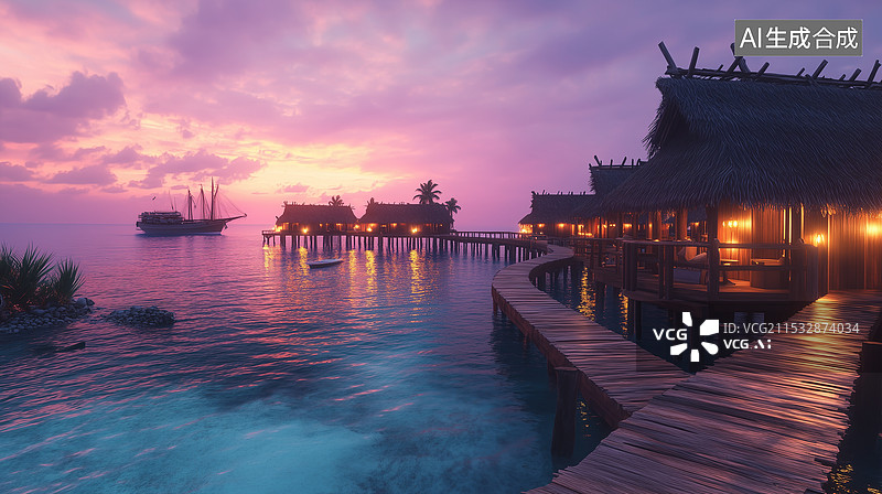【AI数字艺术】黄昏时分湖边水上小屋场景图片素材