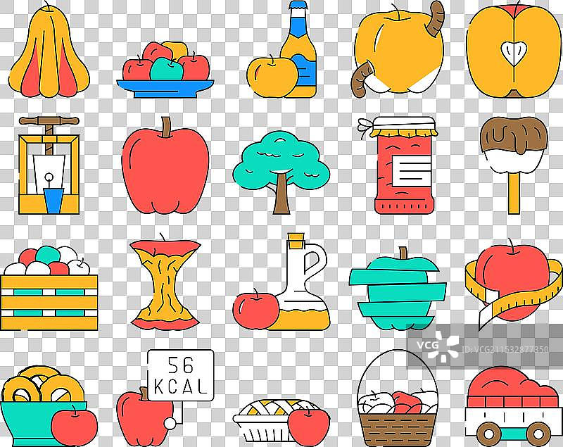 新鲜的红苹果与绿色叶子的食品图标集图片素材