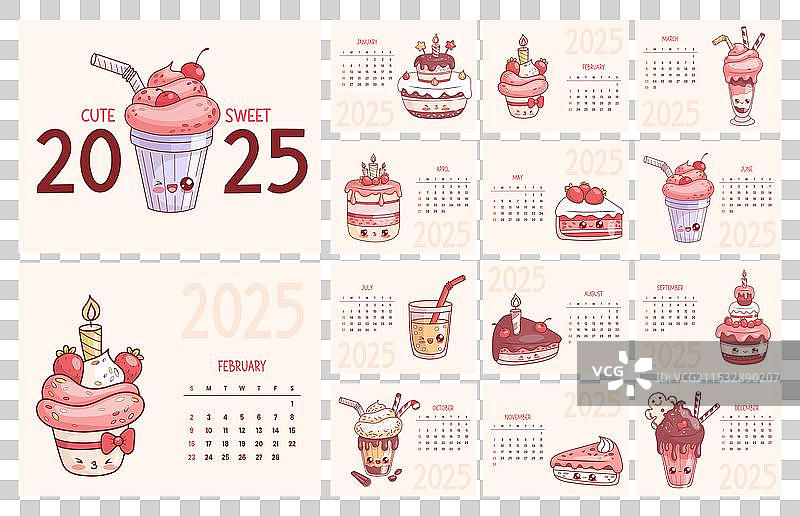 2025年甜美日历可爱卡哇伊角色美食图片素材