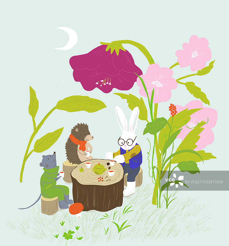 月下聚餐的小动物朋友的自然世界插画图片素材