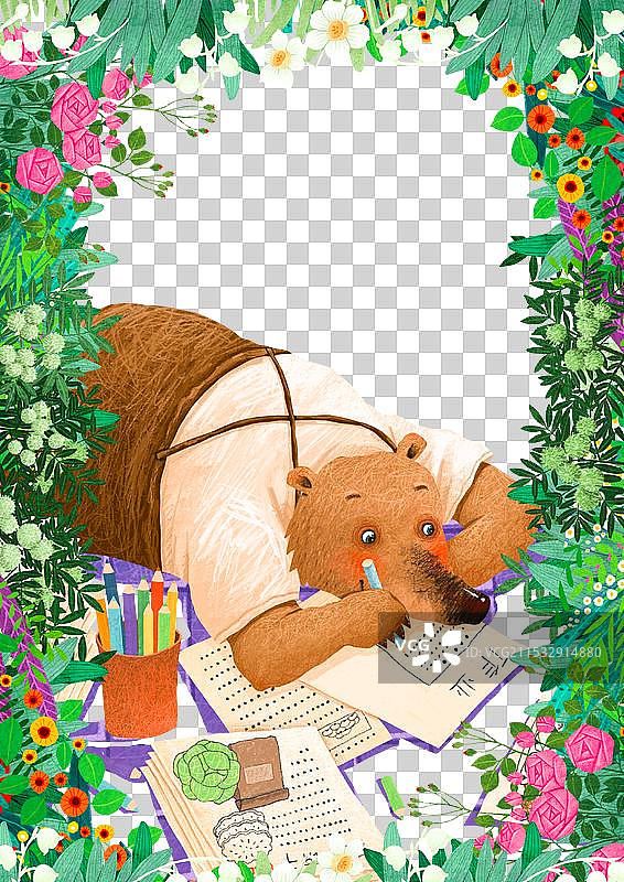 动物主题插画 写作业的棕熊图片素材