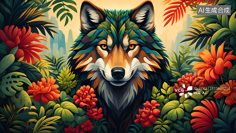 【AI数字艺术】动物主题插画 隐藏着花丛中的狼图片素材