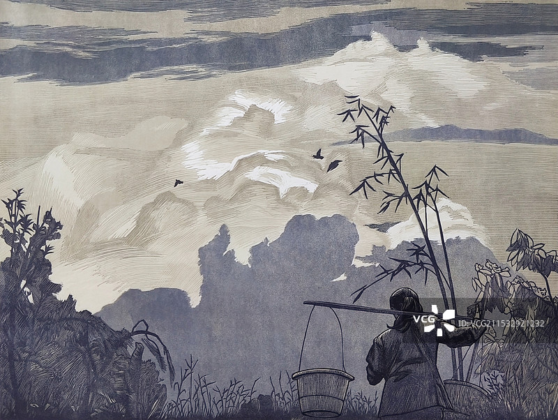 《晨光》套色木刻图片素材