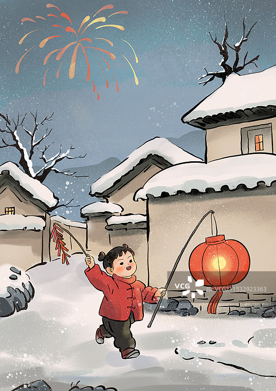 新年春节水彩国风水墨插画图片素材