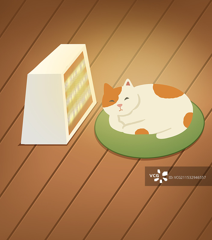 寒冷冬天冬季室内取暖猫咪小猫畏寒怕冷取暖器热量温度睡眠睡觉可爱资讯插画图片素材