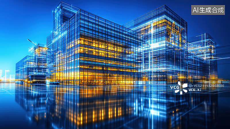 【AI数字艺术】未来主义赛博朋克风格发光建筑工业厂房象征房地产和工业化技术和互联网新质生产力5G科技背景图片素材