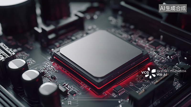 【AI数字艺术】计算机主板特写未来主义赛博朋克风格三维渲染互联网和5G时代的新质生产力科技图片素材