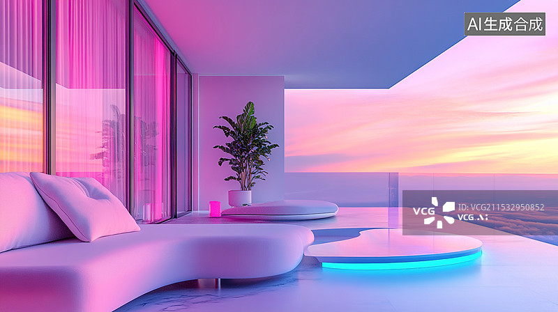 【AI数字艺术】未来科技感的建筑奇迹时尚酒店式公寓顶楼的赛博风格科技和美学背景图片素材