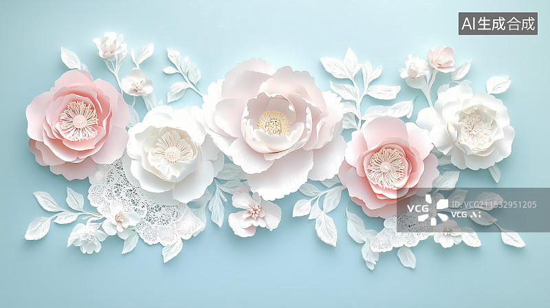 【AI数字艺术】蓝色背景白色和粉色剪纸花朵图片素材