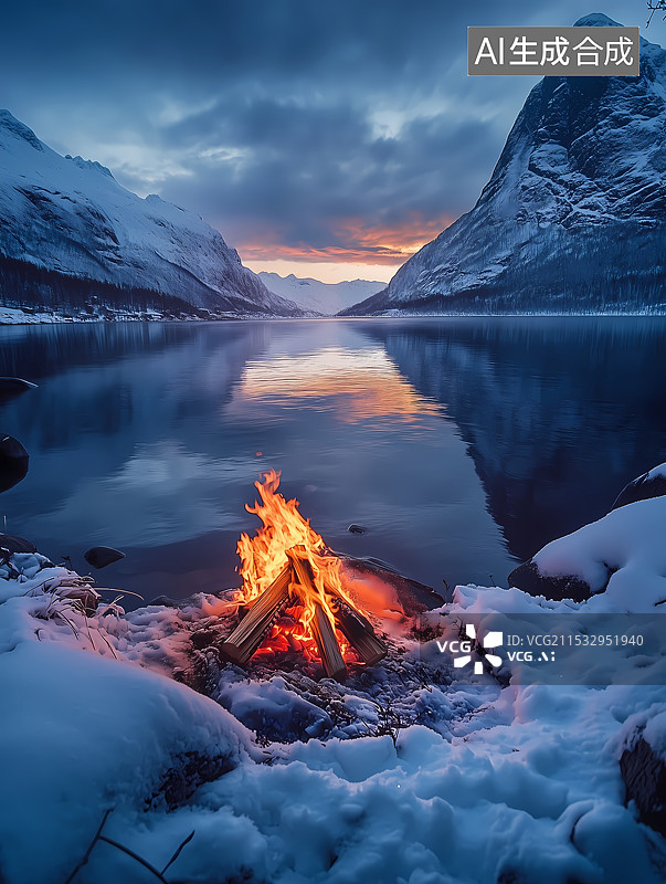 【AI数字艺术】雪地湖边的篝火图片素材