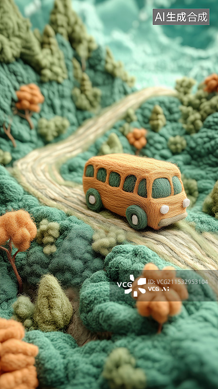 【AI数字艺术】夏天田野中的公交车羊毛毡毛绒3D卡通立体插画图片素材