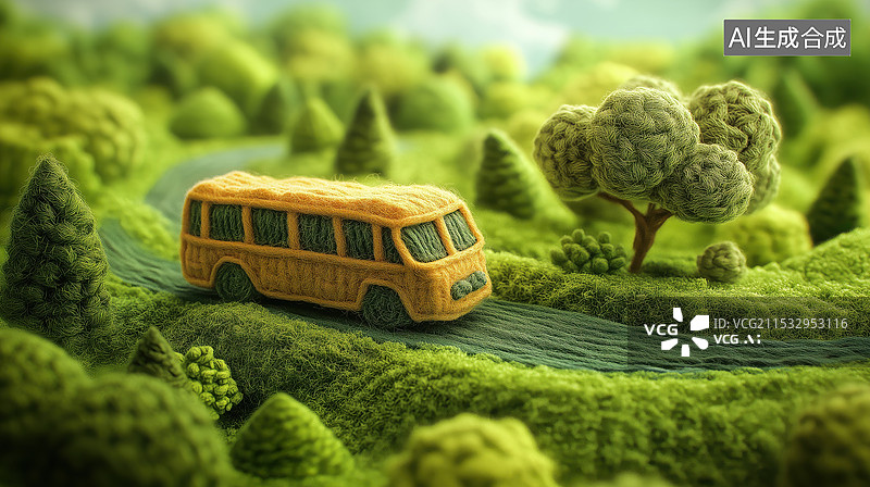 【AI数字艺术】夏天田野中的公交车羊毛毡毛绒3D卡通立体插画图片素材