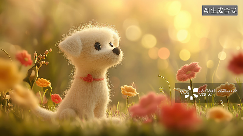【AI数字艺术】可爱草地的羊毛毡毛绒狗狗3D卡通立体插画图片素材
