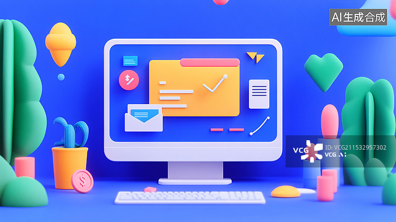 【AI数字艺术】可爱风格的电脑图标三维渲染场景插画图片素材