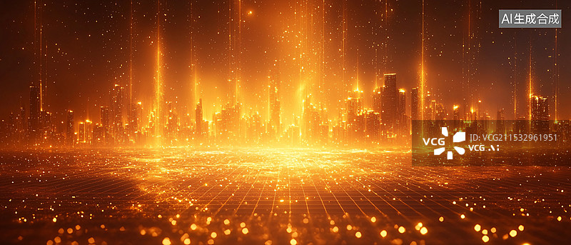 【AI数字艺术】充满科幻风格的城市夜景，城市建筑群闪耀着橙黄色光芒，与天空中小光点相映，营造出强烈的未来感和科技感图片素材