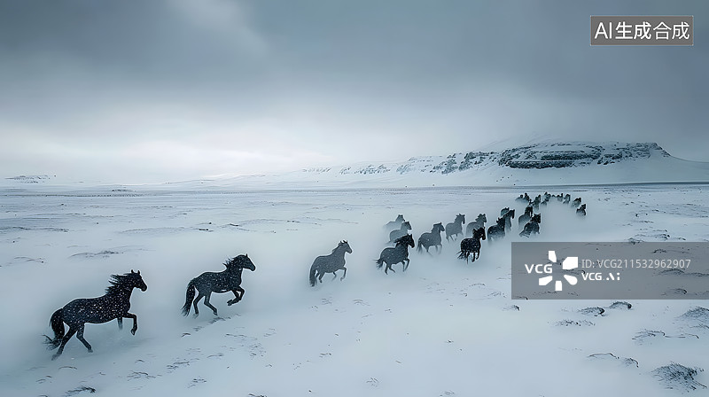 【AI数字艺术】冬天雪地上奔跑的马群图片素材