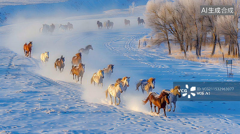 【AI数字艺术】冬天雪地上奔跑的马群图片素材