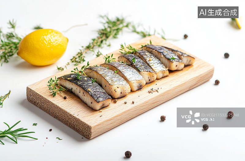 【AI数字艺术】几条新鲜的沙丁鱼，摆放在木制砧板上。砧板周围散落着一些海盐、香草和柠檬片，图片素材