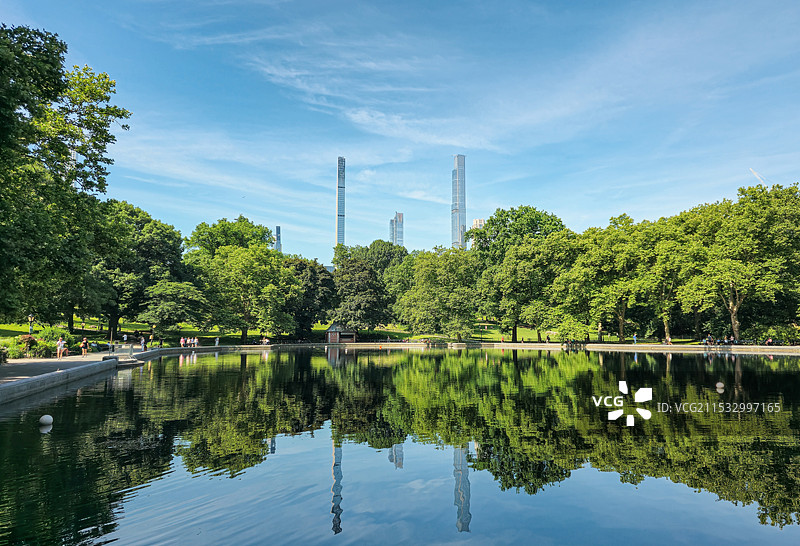 美国纽约中央公园城市天际线湖景图片素材