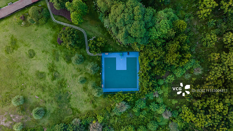 绿色生态公园森林内的蓝色蓄水池泳池，航拍鸟瞰视角图图片素材