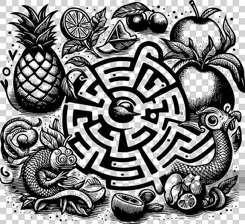 复杂的迷宫被水果和生物环绕图片素材