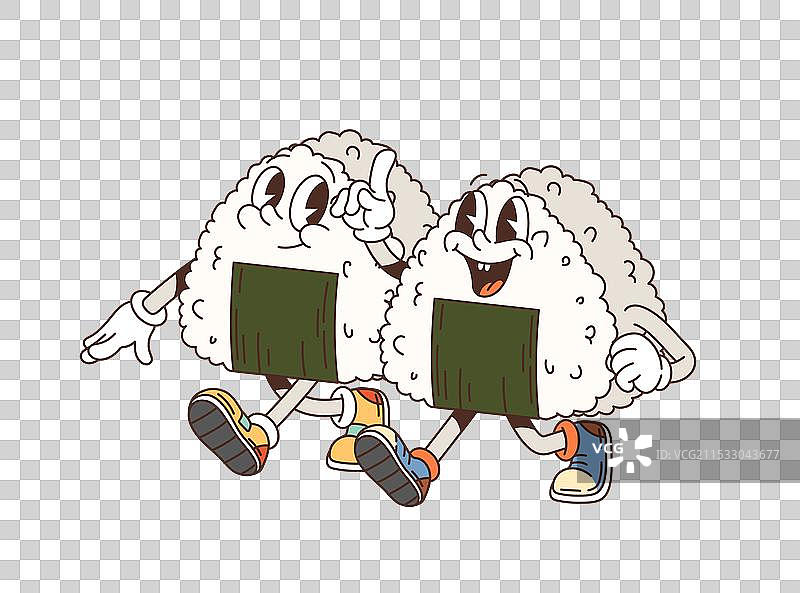 卡通搞笑复古风格的饭团情侣在散步图片素材