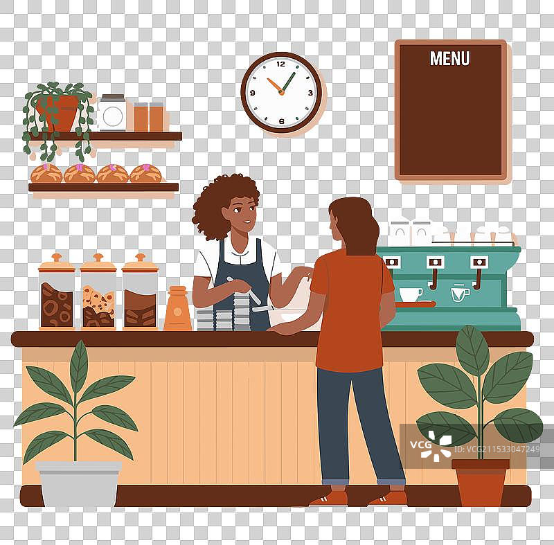 顾客与咖啡师在咖啡店内图片素材