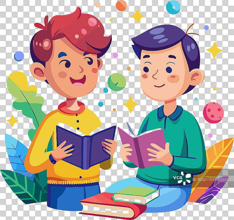 两个朋友正在阅读书籍并交谈。图片素材