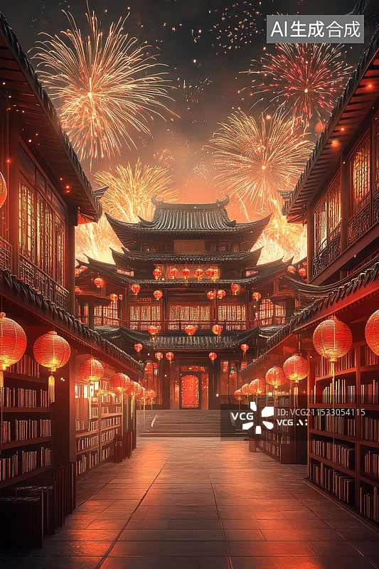 【AI数字艺术】节庆题材插画古城烟花图片素材