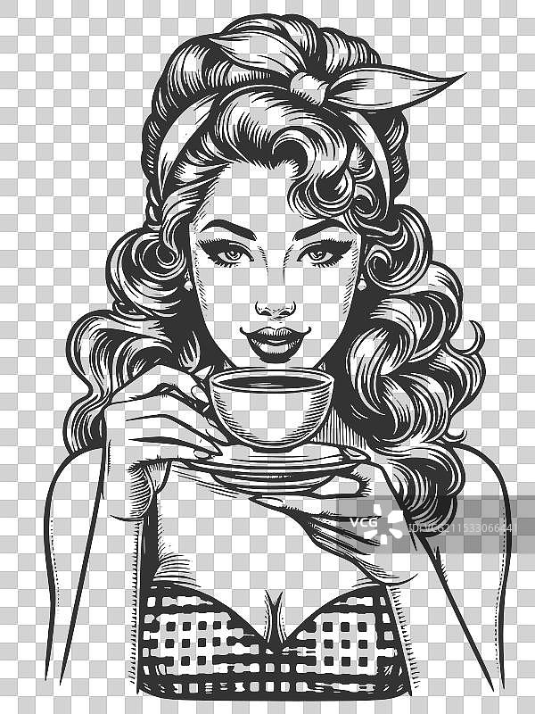 拿着咖啡杯的性感女郎雕刻图图片素材