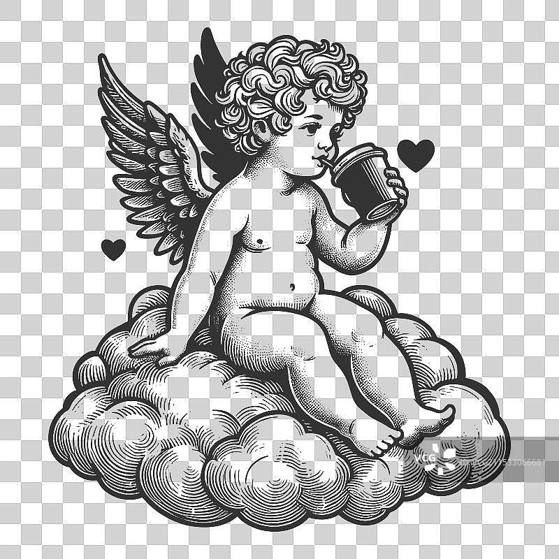 可爱的天使坐在云朵咖啡杯上图片素材