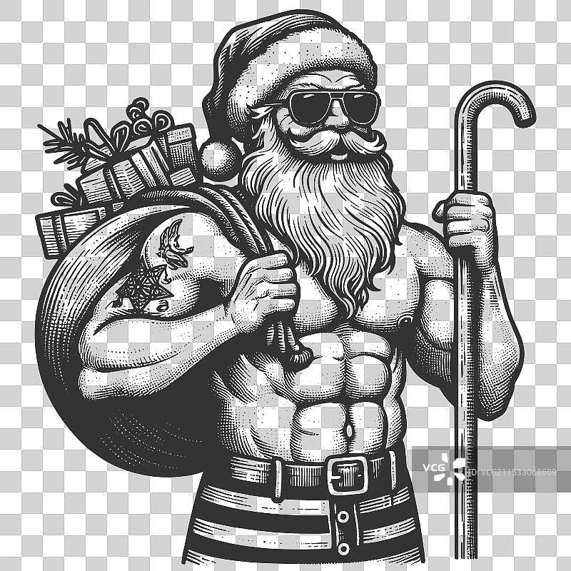 肌肉发达的圣诞老人赠送礼物和太阳镜图片素材