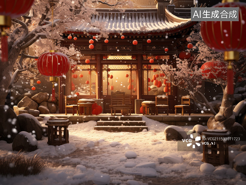 【AI数字艺术】瑞雪兆丰年中国风冬日红灯笼雪景图片素材