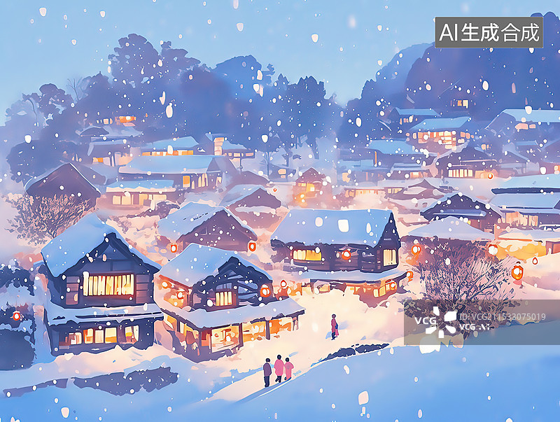 【AI数字艺术】冬季雪地上的村庄房屋冬季二十四节气插画图片素材