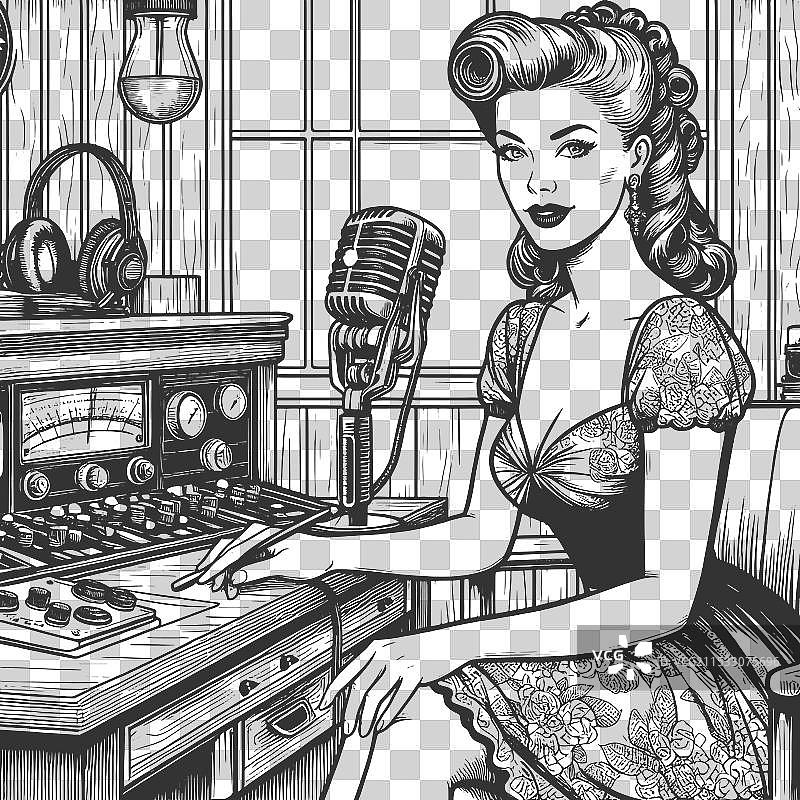 在控制台上工作的女无线电操作员雕刻图像图片素材