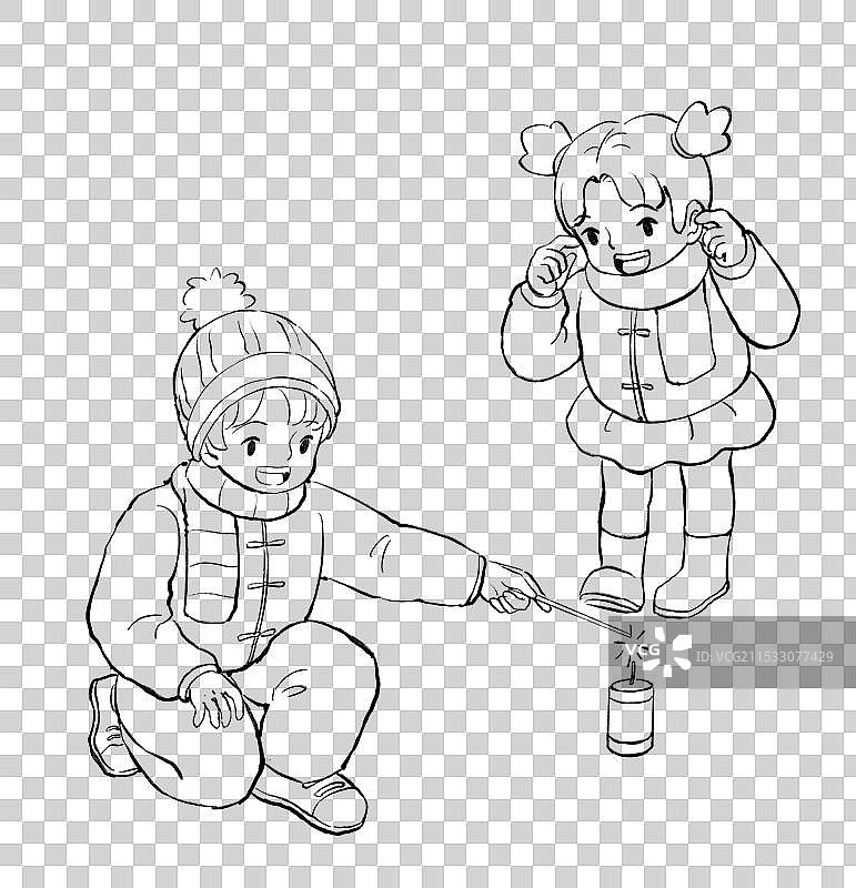 两个小孩在放鞭炮新年春节节日庆祝国风插画元素图片素材