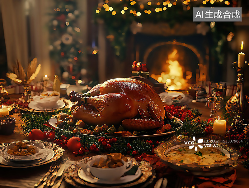 【AI数字艺术】圣诞节期间桌上火鸡大餐特写镜头图片素材