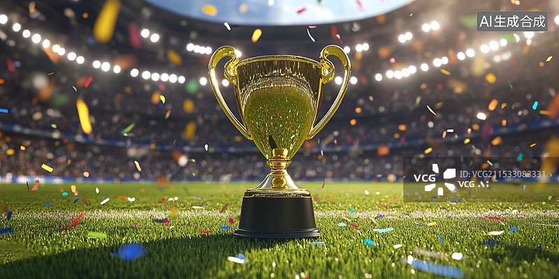 【AI数字艺术】足球场草坪上摆放的金色奖杯——竞技体育冠军夺冠概念图片素材