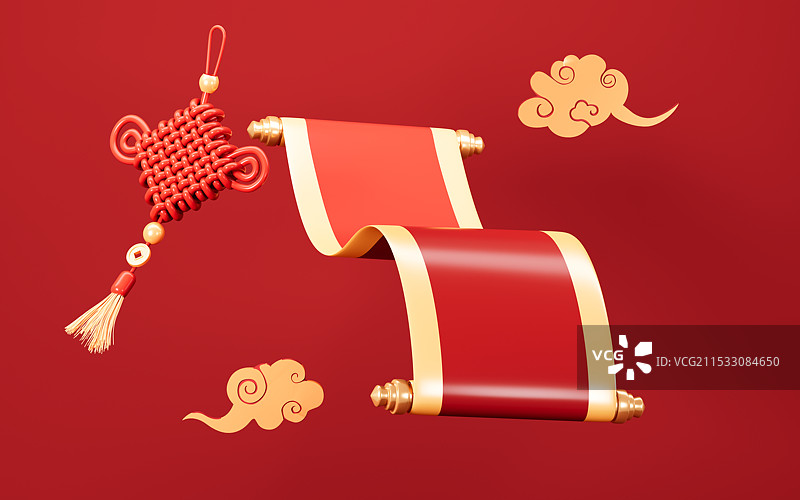 中国风空白卷轴和中国结3D渲染图片素材