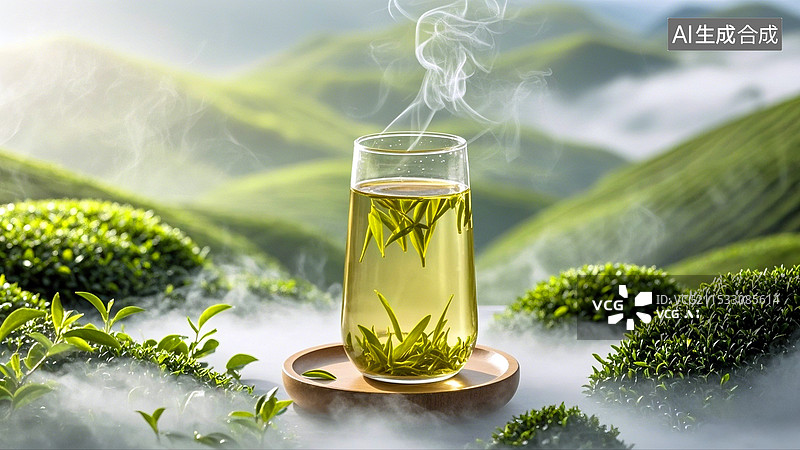 【AI数字艺术】绿色茶园背景一杯冒热气的中国绿茶图片素材