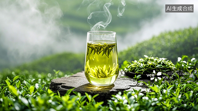 【AI数字艺术】绿色茶园背景一杯冒热气的中国绿茶图片素材