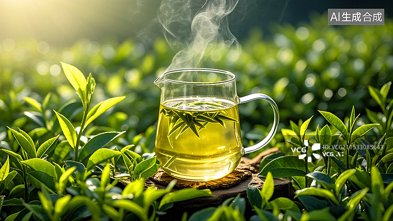 【AI数字艺术】绿色茶园背景一杯冒热气的中国绿茶图片素材