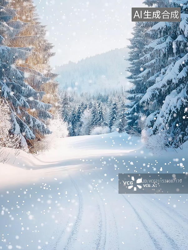 【AI数字艺术】汽车广告背景图——冬天雪地森林道路图片素材