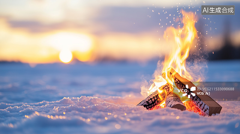 【AI数字艺术】冬日雪地里的篝火图片素材