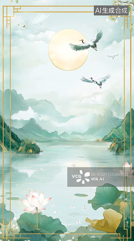 【AI数字艺术】国潮风山水荷花海报背景图片素材