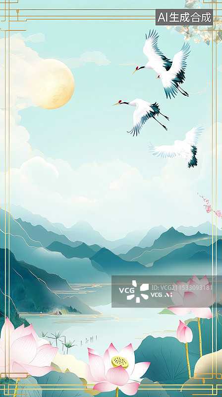【AI数字艺术】国潮风山水荷花海报背景图片素材